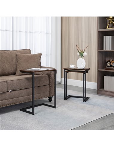 HOMCOM Nesting Side Tables Set of 3, C-Shaped Snack Side Tables with Steel Frame for Sofa Couch and Bed, Rustic Brown 839-608V00