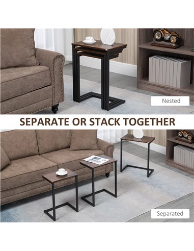 HOMCOM Nesting Side Tables Set of 3, C-Shaped Snack Side Tables with Steel Frame for Sofa Couch and Bed, Rustic Brown 839-608V00