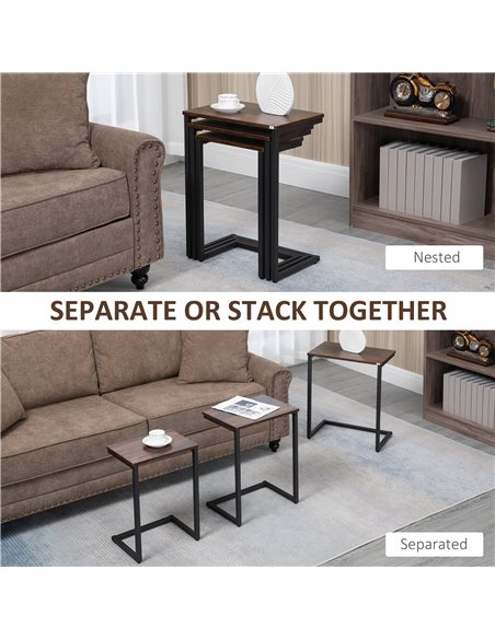 HOMCOM Nesting Side Tables Set of 3, C-Shaped Snack Side Tables with Steel Frame for Sofa Couch and Bed, Rustic Brown 839-608V00 - pic 100022 | FastDaddyshop