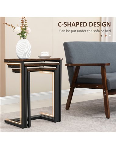 HOMCOM Nesting Side Tables Set of 3, C-Shaped Snack Side Tables with Steel Frame for Sofa Couch and Bed, Rustic Brown 839-608V00