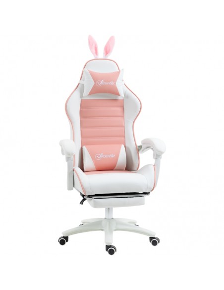 Vinsetto PU Leather Racing Gaming Chair with Removable Rabbit Ears, Footrest, Headrest and Lumber Support, Pink - pic 10006 | FastDaddyshop