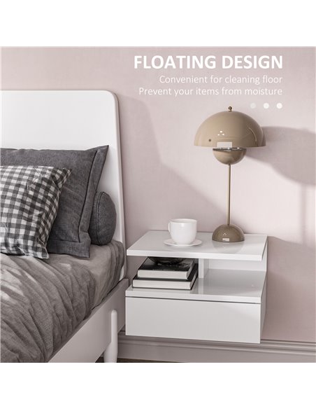 HOMCOM Set of Two Floating High Gloss Bedside Tables - White 831-338V00WT - pic 100085 | FastDaddyshop