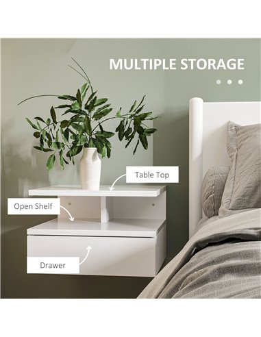 HOMCOM Set of Two Floating High Gloss Bedside Tables - White 831-338V00WT