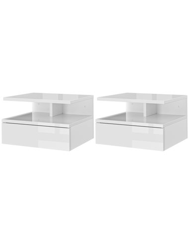 HOMCOM Set of Two Floating High Gloss Bedside Tables - White 831-338V00WT