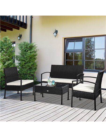 Outsunny 4-Seater Rattan Garden Furniture Set Black Cream Outdoor Patio Wicker Weave Chairs Table Conservatory Seaters Bistro Se - pic 10009 | FastDaddyshop