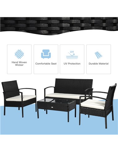 Outsunny 4-Seater Rattan Garden Furniture Set Black Cream Outdoor Patio Wicker Weave Chairs Table Conservatory Seaters Bistro Se