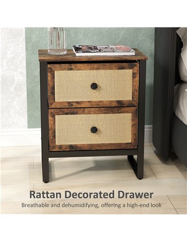 HOMCOM Bedside Table, Side Table with 2 Rattan Drawers, Bedside Cabinet with Storage and Steel Legs for Bedroom, Living Room, Ru