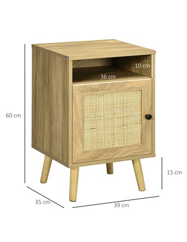 HOMCOM Bedside Table with Rattan Element, Side End Table with Shelf and Cupboard, 39cmx35cmx60cm, Natural 831-599V01ND