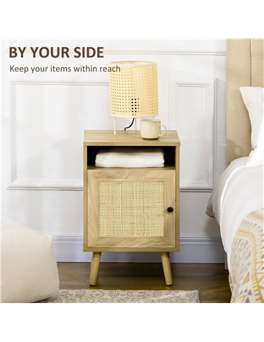 HOMCOM Bedside Table with Rattan Element, Side End Table with Shelf and Cupboard, 39cmx35cmx60cm, Natural 831-599V01ND