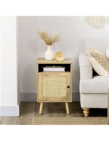HOMCOM Bedside Table with Rattan Element, Side End Table with Shelf and Cupboard, 39cmx35cmx60cm, Natural 831-599V01ND