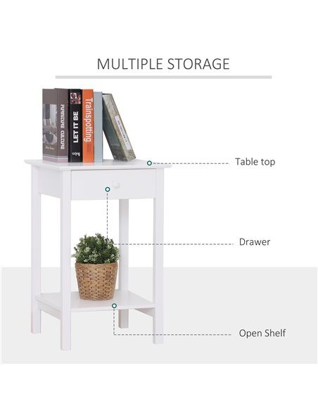 HOMCOM White Bedside Table, Wooden Side Table, Nightstand, Bedside Cabinet with Drawer and Storage Shelf for Bedroom and Living  - pic 100156 | FastDaddyshop