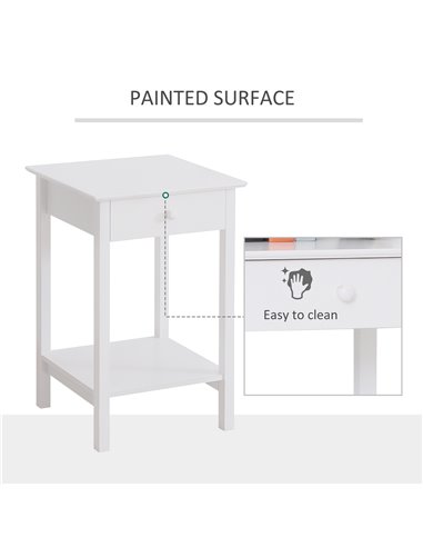 HOMCOM White Bedside Table, Wooden Side Table, Nightstand, Bedside Cabinet with Drawer and Storage Shelf for Bedroom and Living 