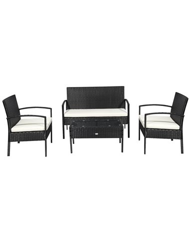 Outsunny 4-Seater Rattan Garden Furniture Set Black Cream Outdoor Patio Wicker Weave Chairs Table Conservatory Seaters Bistro Se