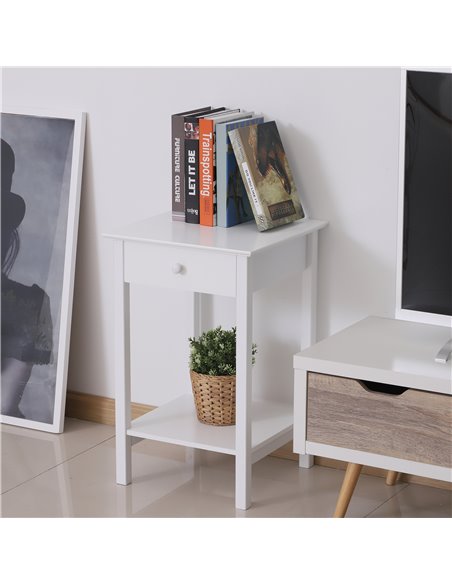 HOMCOM White Bedside Table, Wooden Side Table, Nightstand, Bedside Cabinet with Drawer and Storage Shelf for Bedroom and Living  - pic 100160 | FastDaddyshop