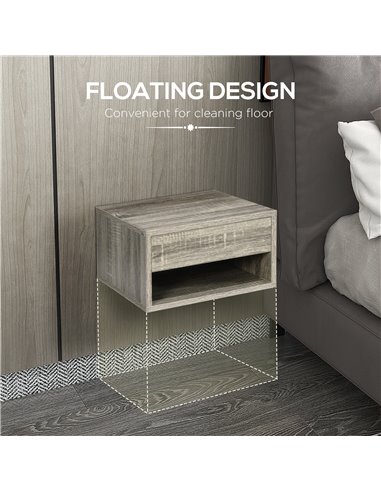 HOMCOM Set of Two Floating Bedside Tables Wall Mounted Nightstands with Drawer and Shelf for Bedroom, Brown Wood-Effect 831-630V