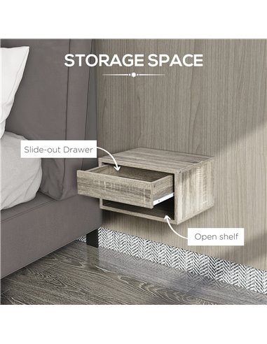 HOMCOM Set of Two Floating Bedside Tables Wall Mounted Nightstands with Drawer and Shelf for Bedroom, Brown Wood-Effect 831-630V