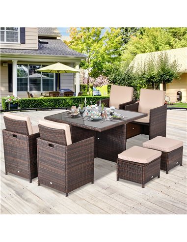 Outsunny 9PC Rattan Garden Furniture Set 8-seater Wicker Outdoor Dining Set Chairs + Footrest + Table Thick Cushion - Brown