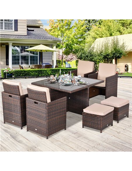 Outsunny 9PC Rattan Garden Furniture Set 8-seater Wicker Outdoor Dining Set Chairs + Footrest + Table Thick Cushion - Brown - pic 10025 | FastDaddyshop