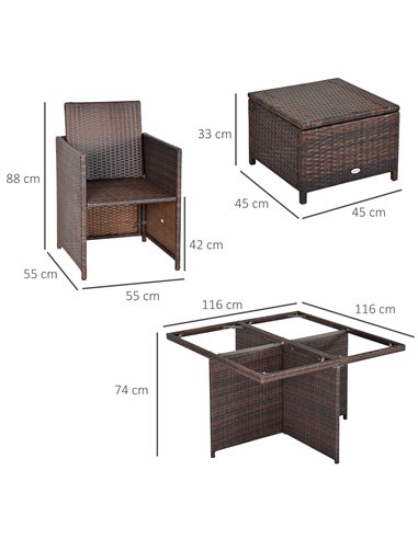 Outsunny 9PC Rattan Garden Furniture Set 8-seater Wicker Outdoor Dining Set Chairs + Footrest + Table Thick Cushion - Brown