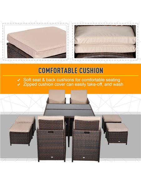 Outsunny 9PC Rattan Garden Furniture Set 8-seater Wicker Outdoor Dining Set Chairs + Footrest + Table Thick Cushion - Brown - pic 10028 | FastDaddyshop
