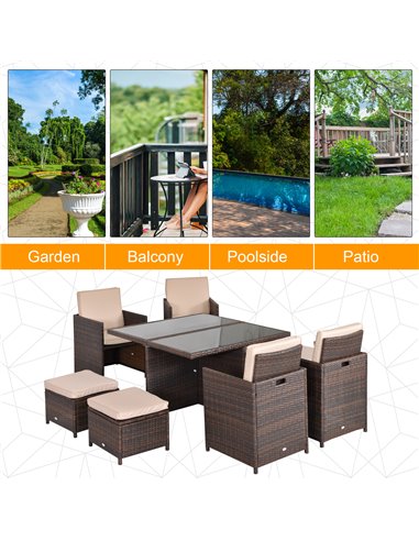 Outsunny 9PC Rattan Garden Furniture Set 8-seater Wicker Outdoor Dining Set Chairs + Footrest + Table Thick Cushion - Brown