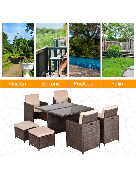 Outsunny 9PC Rattan Garden Furniture Set 8-seater Wicker Outdoor Dining Set Chairs + Footrest + Table Thick Cushion - Brown - pic 10030 | FastDaddyshop