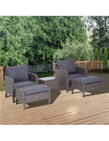 Outsunny 2 Seater Rattan Garden Furniture Set Wicker Weave Sofa Chair with Footstool and Coffee Table Thick Cushions Dark Grey