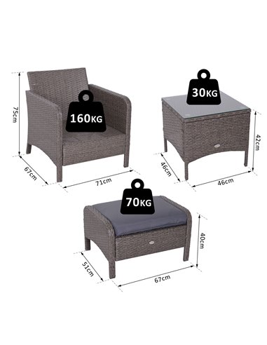 Outsunny 2 Seater Rattan Garden Furniture Set Wicker Weave Sofa Chair with Footstool and Coffee Table Thick Cushions Dark Grey