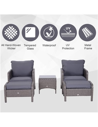 Outsunny 2 Seater Rattan Garden Furniture Set Wicker Weave Sofa Chair with Footstool and Coffee Table Thick Cushions Dark Grey
