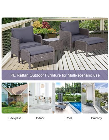 Outsunny 2 Seater Rattan Garden Furniture Set Wicker Weave Sofa Chair with Footstool and Coffee Table Thick Cushions Dark Grey