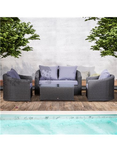 Outsunny Rattan Garden Furniture Set 4-seater Sofa Set Coffee Table Single Chair Bench Aluminium Frame Fully-assembly, Grey
