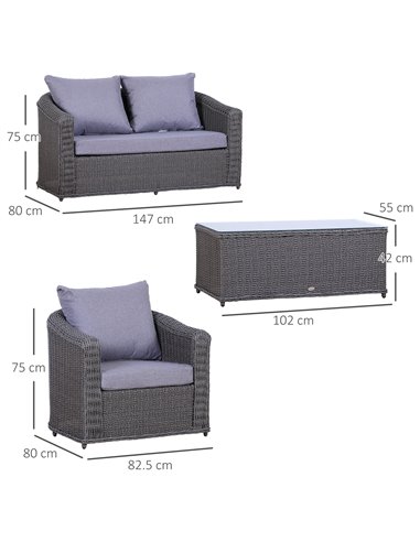Outsunny Rattan Garden Furniture Set 4-seater Sofa Set Coffee Table Single Chair Bench Aluminium Frame Fully-assembly, Grey