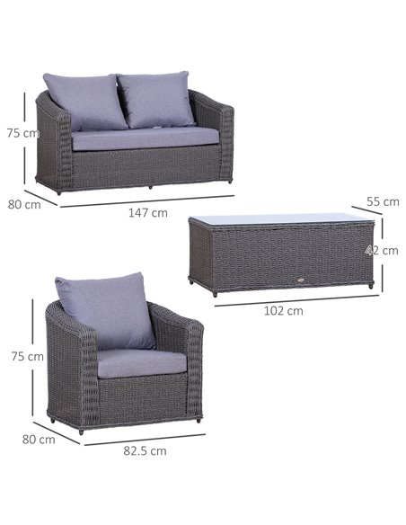 Outsunny Rattan Garden Furniture Set 4-seater Sofa Set Coffee Table Single Chair Bench Aluminium Frame Fully-assembly, Grey - pic 10042 | FastDaddyshop