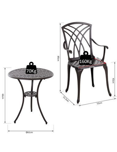 Outsunny Patio Cast Aluminium 3 PCS Bistro Set Coffee Table & 2 Chairs Set Outdoor Garden Furniture Set