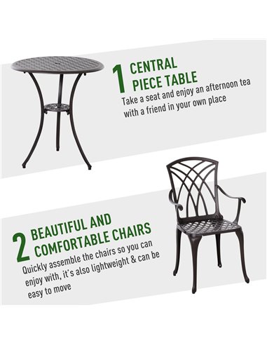 Outsunny Patio Cast Aluminium 3 PCS Bistro Set Coffee Table & 2 Chairs Set Outdoor Garden Furniture Set