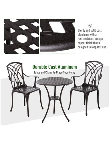 Outsunny Patio Cast Aluminium 3 PCS Bistro Set Coffee Table & 2 Chairs Set Outdoor Garden Furniture Set