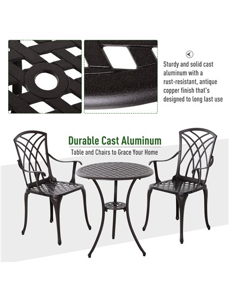 Outsunny Patio Cast Aluminium 3 PCS Bistro Set Coffee Table & 2 Chairs Set Outdoor Garden Furniture Set - pic 10060 | FastDaddyshop