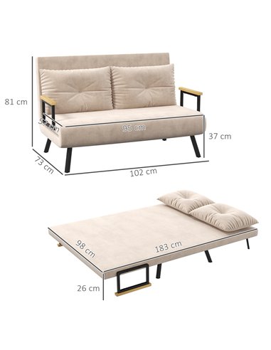 HOMCOM 4-in-1 Velvet-Feel Double Sofa Bed, with Pillows - Beige 839-835V70BG