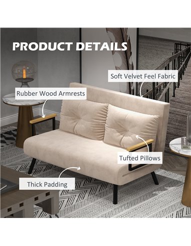 HOMCOM 4-in-1 Velvet-Feel Double Sofa Bed, with Pillows - Beige 839-835V70BG