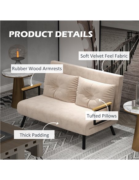 HOMCOM 4-in-1 Velvet-Feel Double Sofa Bed, with Pillows - Beige 839-835V70BG - pic 100608 | FastDaddyshop