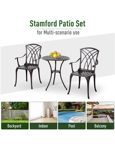 Outsunny Patio Cast Aluminium 3 PCS Bistro Set Coffee Table & 2 Chairs Set Outdoor Garden Furniture Set