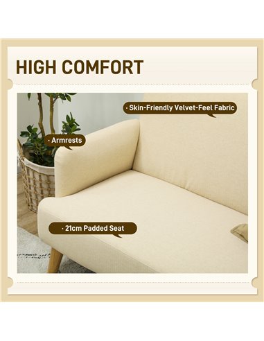 HOMCOM Velvet Feel Fabric 2 Seater Sofa, Small Sofa Loveseat with 21cm Thick Padding and Wood Legs, Cream White 83B-056V70CW