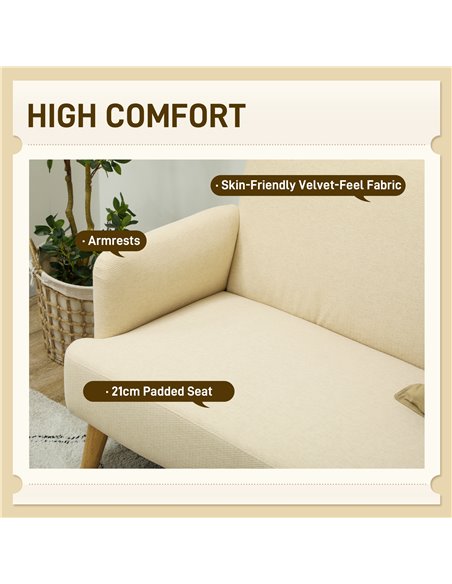 HOMCOM Velvet Feel Fabric 2 Seater Sofa, Small Sofa Loveseat with 21cm Thick Padding and Wood Legs, Cream White 83B-056V70CW - pic 100642 | FastDaddyshop