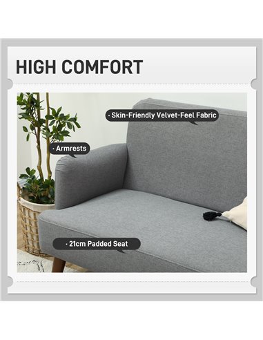 HOMCOM Velvet Feel Fabric 2 Seater Sofa, Small Sofa Loveseat with 21cm Thick Padding and Wood Legs, Grey 83B-056V70GY