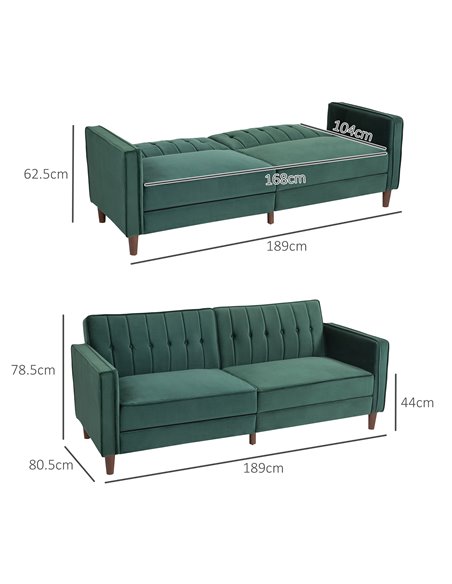 HOMCOM Velvet-Feel Three-Seater Sofa Bed - Green 839-076V73GN - pic 100668 | FastDaddyshop
