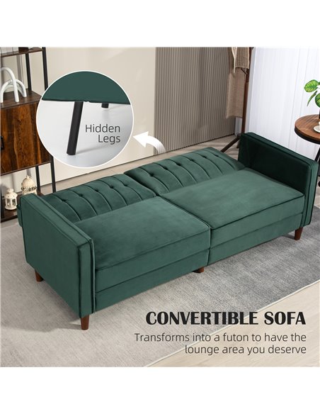 HOMCOM Velvet-Feel Three-Seater Sofa Bed - Green 839-076V73GN - pic 100669 | FastDaddyshop