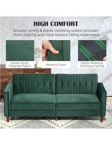 HOMCOM Velvet-Feel Three-Seater Sofa Bed - Green 839-076V73GN