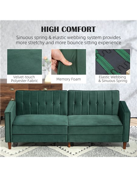 HOMCOM Velvet-Feel Three-Seater Sofa Bed - Green 839-076V73GN - pic 100671 | FastDaddyshop