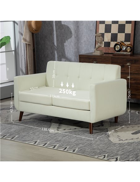 HOMCOM 2 Seater Sofa, Modern Tufted Fabric Couch, Upholstered Loveseat with Wood Legs for Small Space, Living Room, Bedroom, Off - pic 100677 | FastDaddyshop