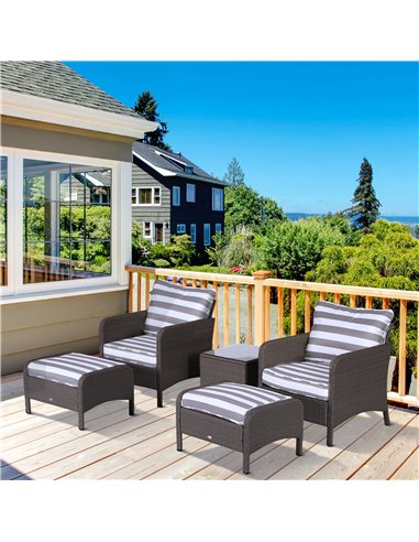 Outsunny 2 Seater PE Rattan Garden Furniture Set, 2 Armchairs 2 Stools Glass Top Table Cushions Wicker Weave Chairs Outdoor Seat